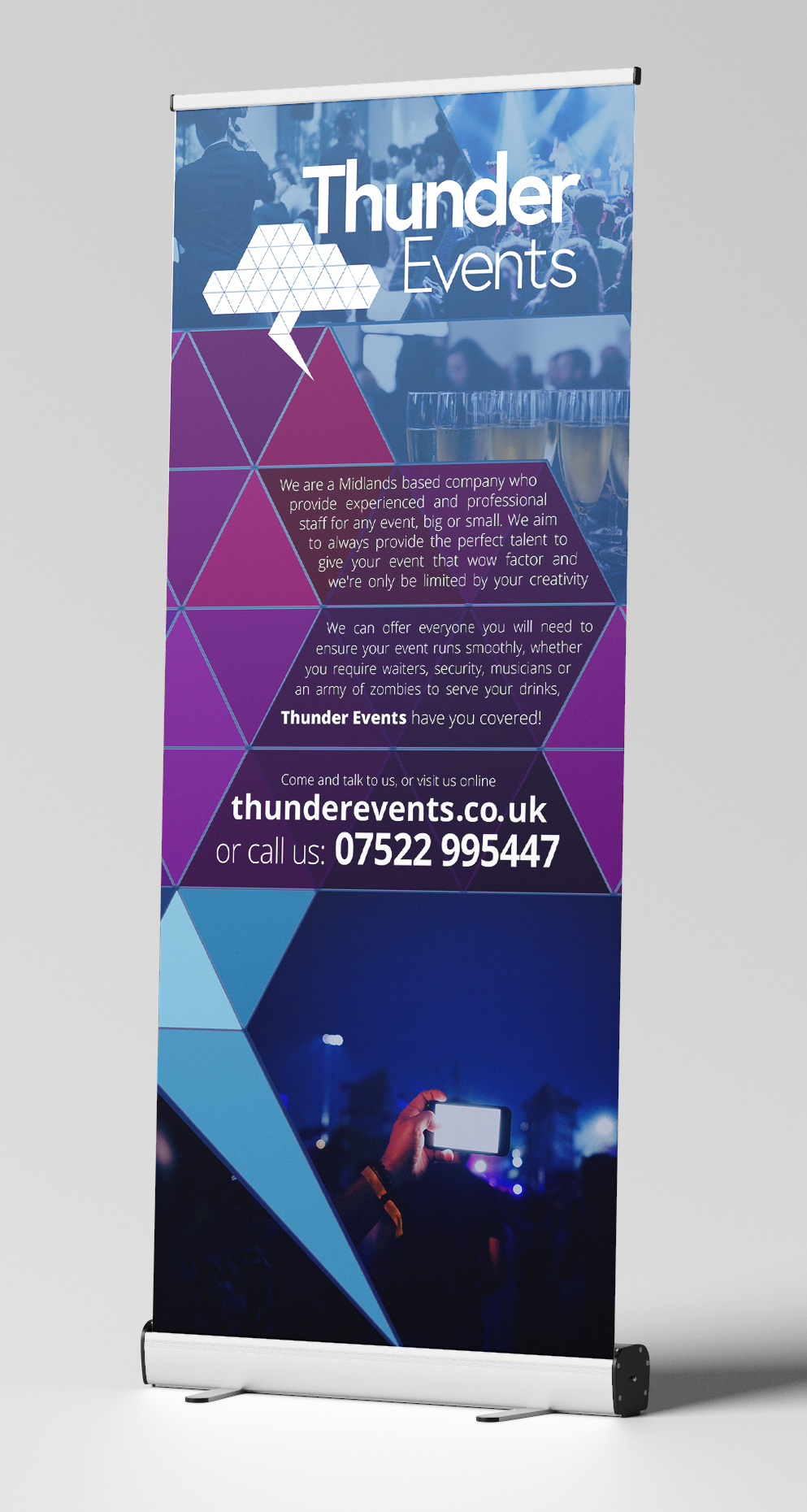 Roller banner and branding design for 'Thunder Events'.
