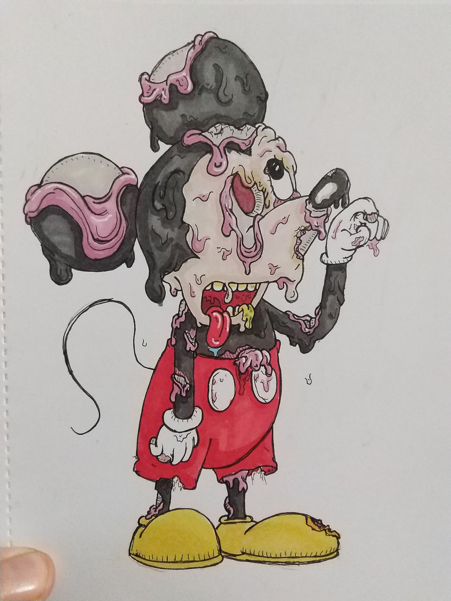 Alcohol marker illustration of a grotesque, melting Mickey Mouse.